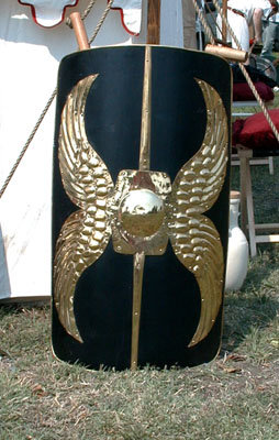 This beautiful scutum with a large brass wing design belongs to our Imperial legate, Gaius Germanicus Magnus, known as Steve Oster in the Monday through Friday world.