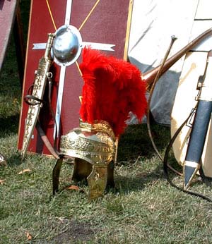 We have many photos of the beautifully embossed brass Praetorian officer's helmet owned by Gaius Germanicus Magnus.  This one was custom made for Steve by Lonely Mountain Forge.