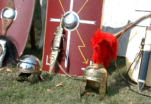 This closeup shows more of the decoration on the Mainz pattern gladius sheath and Gaius Germanicus Magnus' helmet.